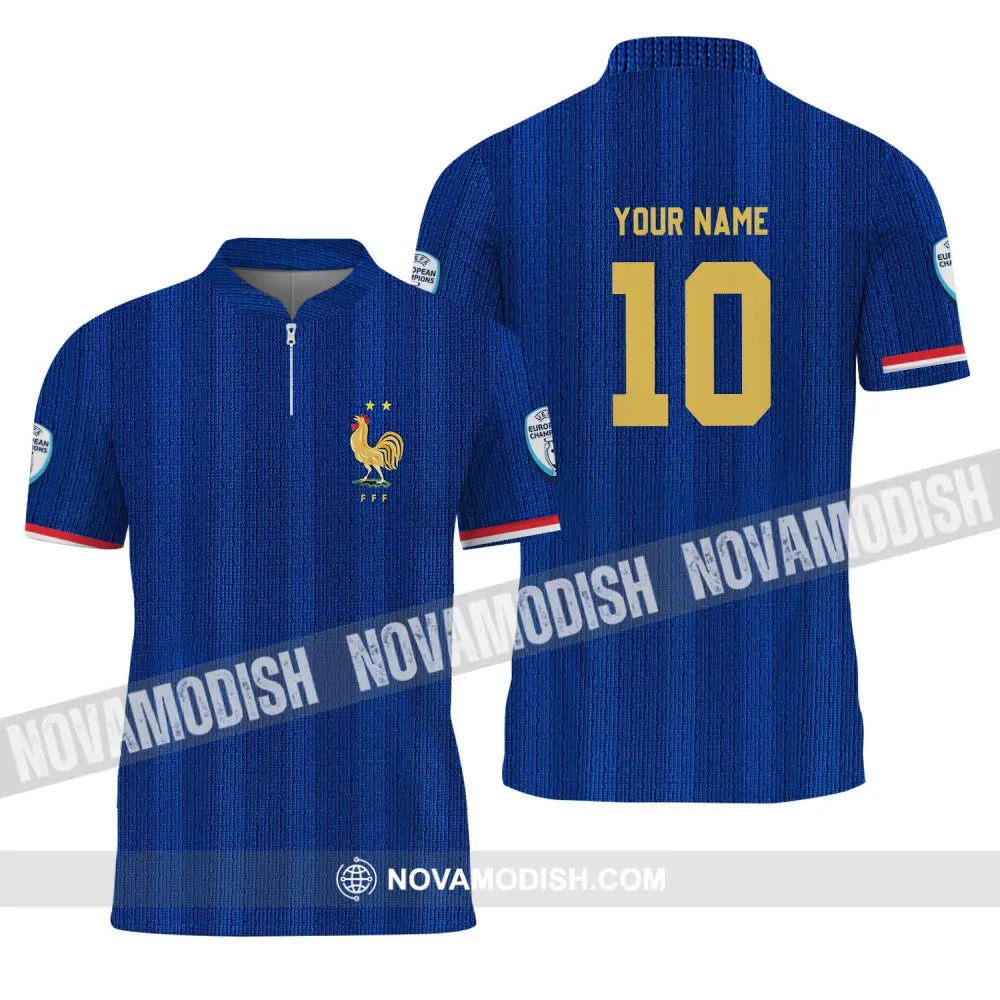 Unisex Shirt - Custom Name And Number Euro 2024 France National Team Blue Shirt Zipper Polo Shirt / S T-shirt