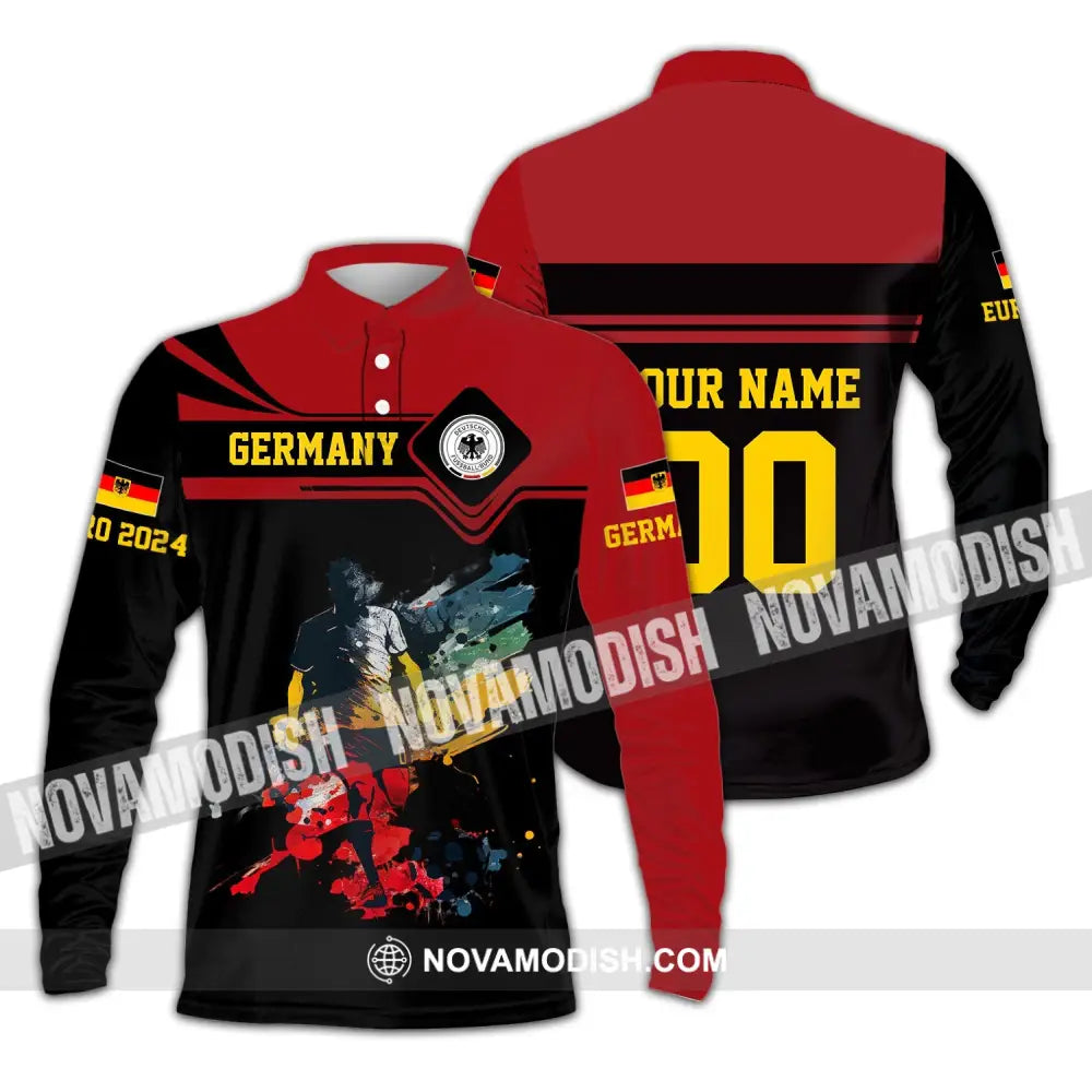 Unisex Shirt - Custom Name And Number Shirt Euro 2024 Germany Team Black And Red Long Sleeve Polo / S T-shirt