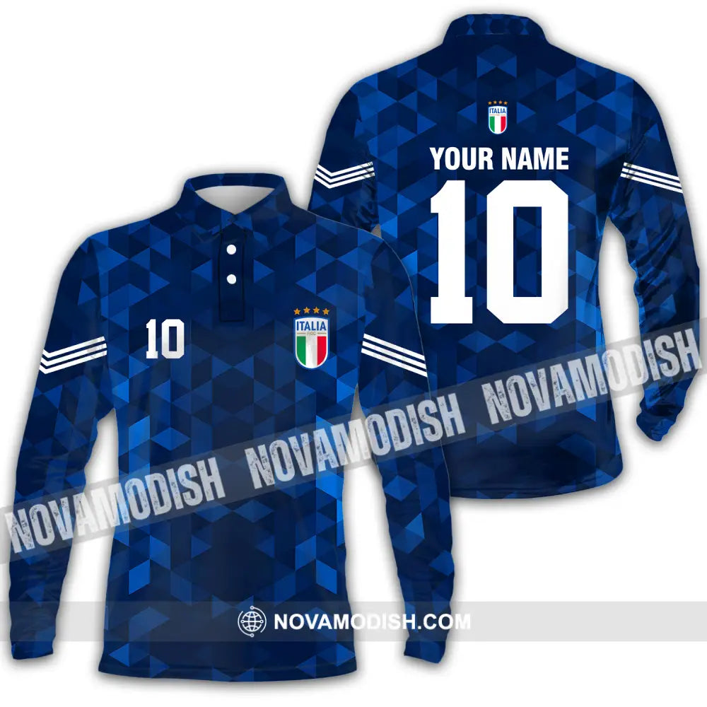 Unisex Shirt - Custom Name And Number Euro 2024 Shirt Italia National Team Blue Long Sleeve Polo / S T-shirt
