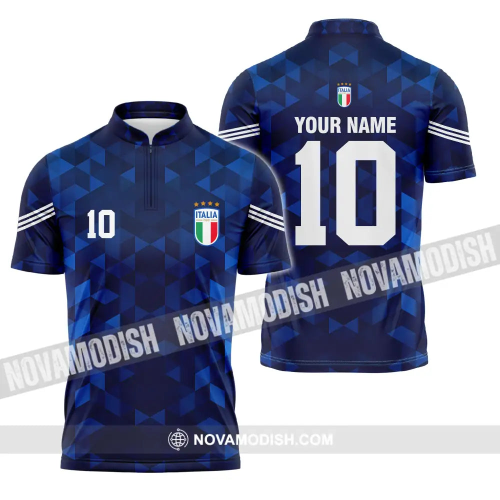 Unisex Shirt - Custom Name And Number Euro 2024 Shirt Italia National Team Blue Zipper Polo Shirt / S T-shirt