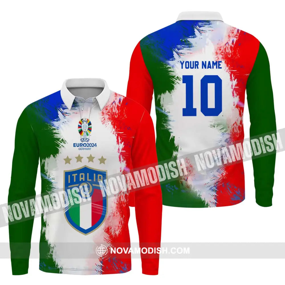 Unisex Shirt - Custom Name And Number Euro 2024 Italia National Team Flag Color Shirt Long Sleeve Polo / S T-shirt