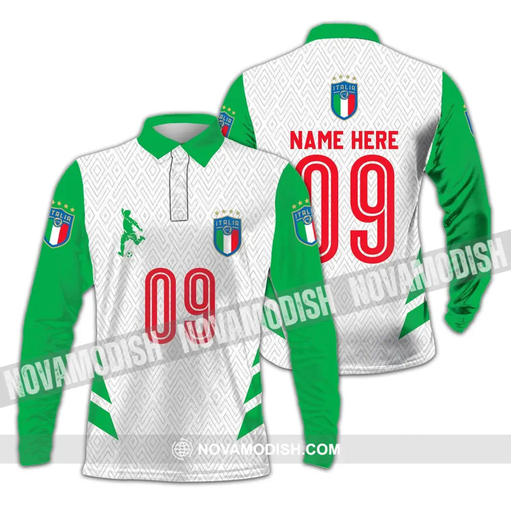 Unisex Shirt - Custom Name And Number Shirt Euro 2024 Italia Team Green And White Long Sleeve Polo / S T-shirt