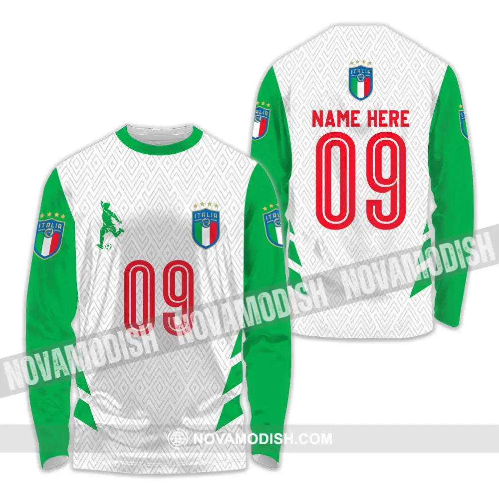 Unisex Shirt - Custom Name And Number Shirt Euro 2024 Italia Team Green And White Long Sleeve Shirt / S T-shirt