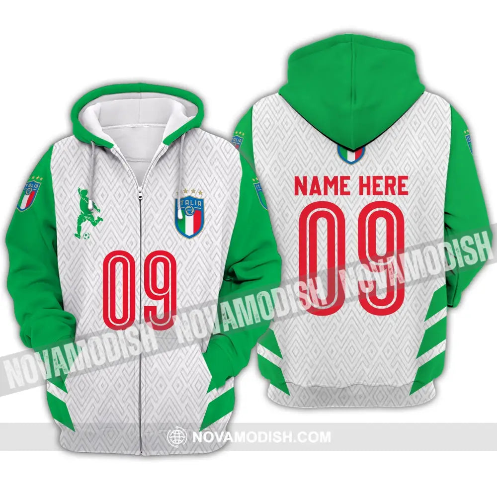 Unisex Shirt - Custom Name And Number Shirt Euro 2024 Italia Team Green And White Zipper Hoodie / S T-shirt