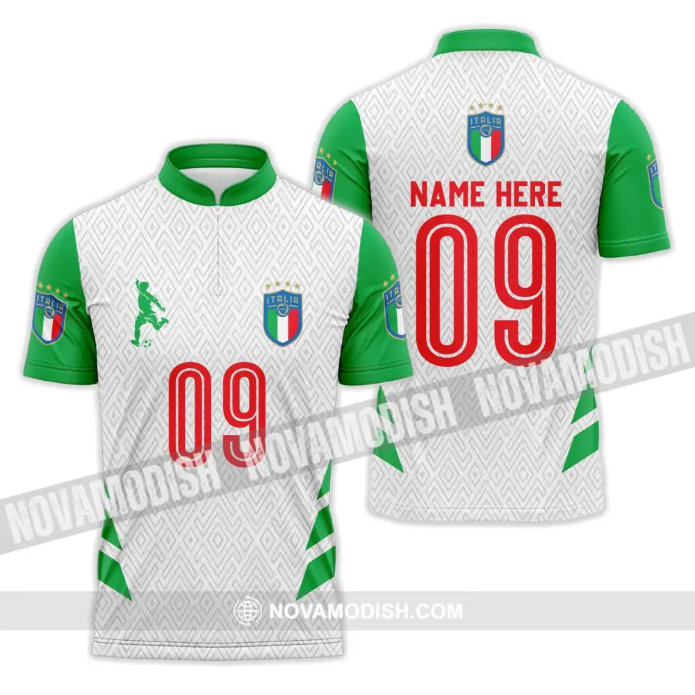 Unisex Shirt - Custom Name And Number Shirt Euro 2024 Italia Team Green And White Zipper Polo Shirt / S T-shirt