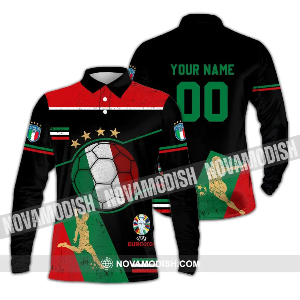 Unisex Shirt - Custom Name And Number Shirt Euro 2024 Italia Team Long Sleeve Polo / S T-shirt