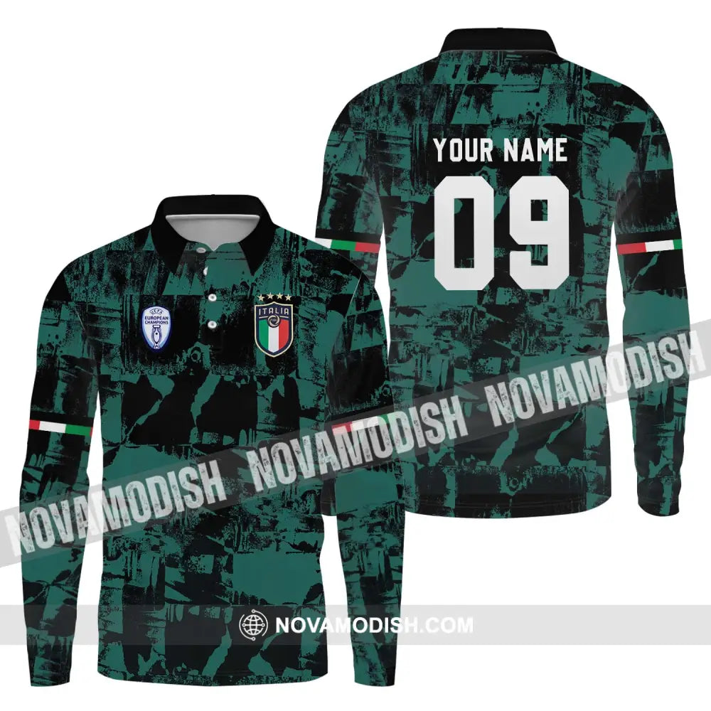 Unisex Shirt - Custom Name And Number Shirt Euro 2024 Italy National Team Black And Green Long Sleeve Polo / S T-shirt