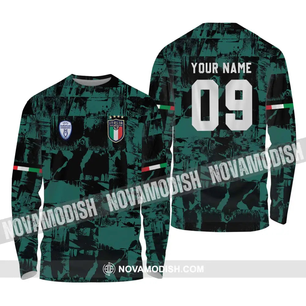 Unisex Shirt - Custom Name And Number Shirt Euro 2024 Italy National Team Black And Green Long Sleeve Shirt / S T-shirt