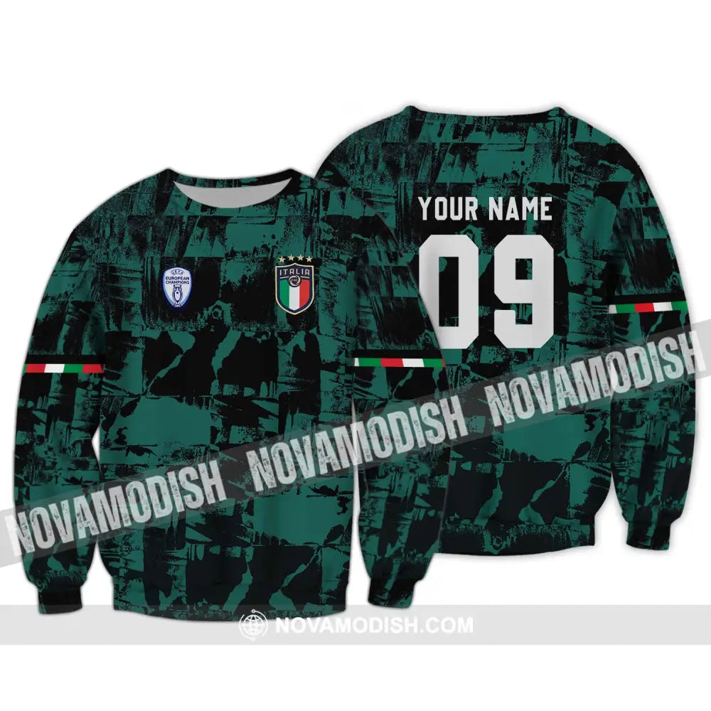 Unisex Shirt - Custom Name And Number Shirt Euro 2024 Italy National Team Black And Green Long Sleeve / S T-shirt