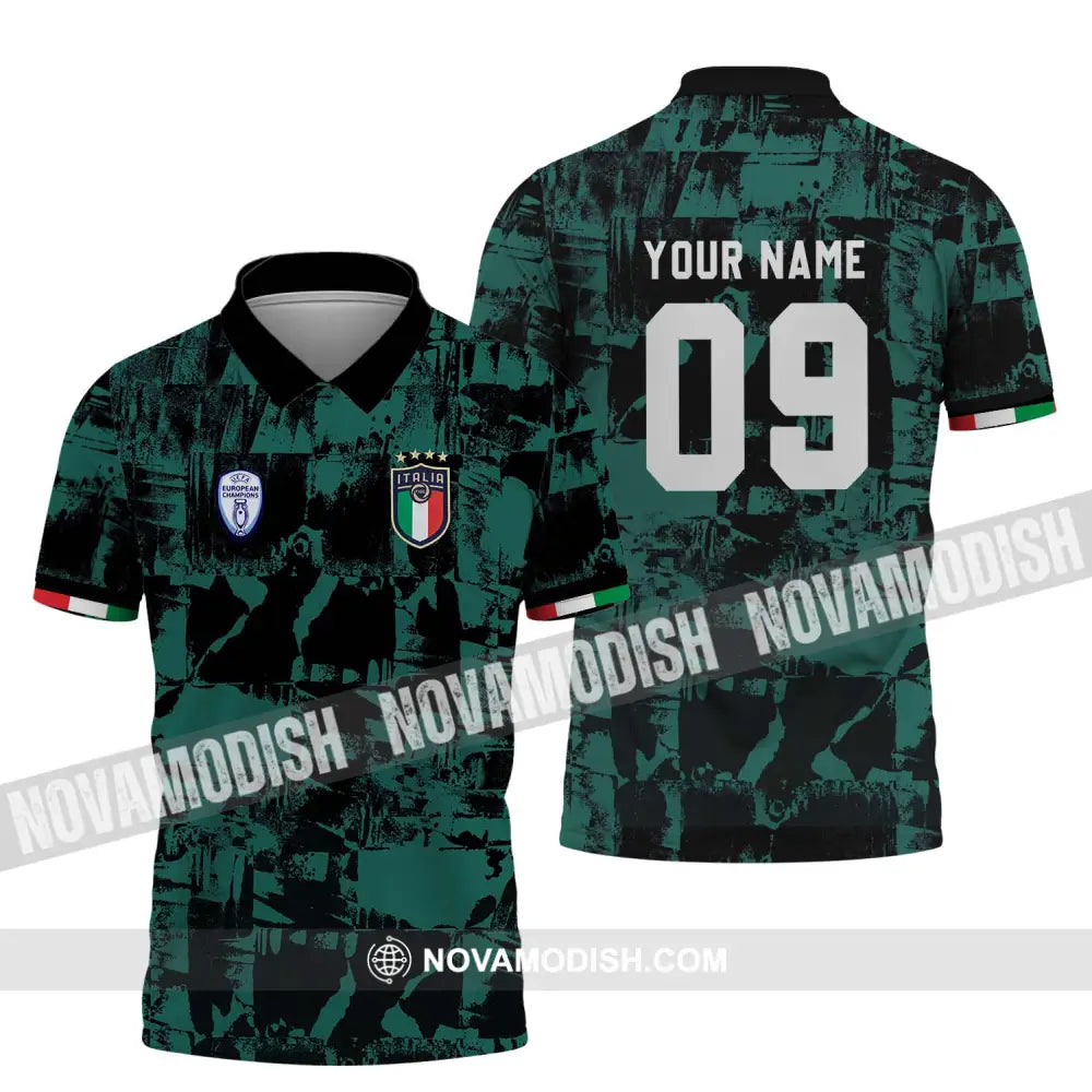Unisex Shirt - Custom Name And Number Shirt Euro 2024 Italy National Team Black And Green Polo Shirt / S T-shirt