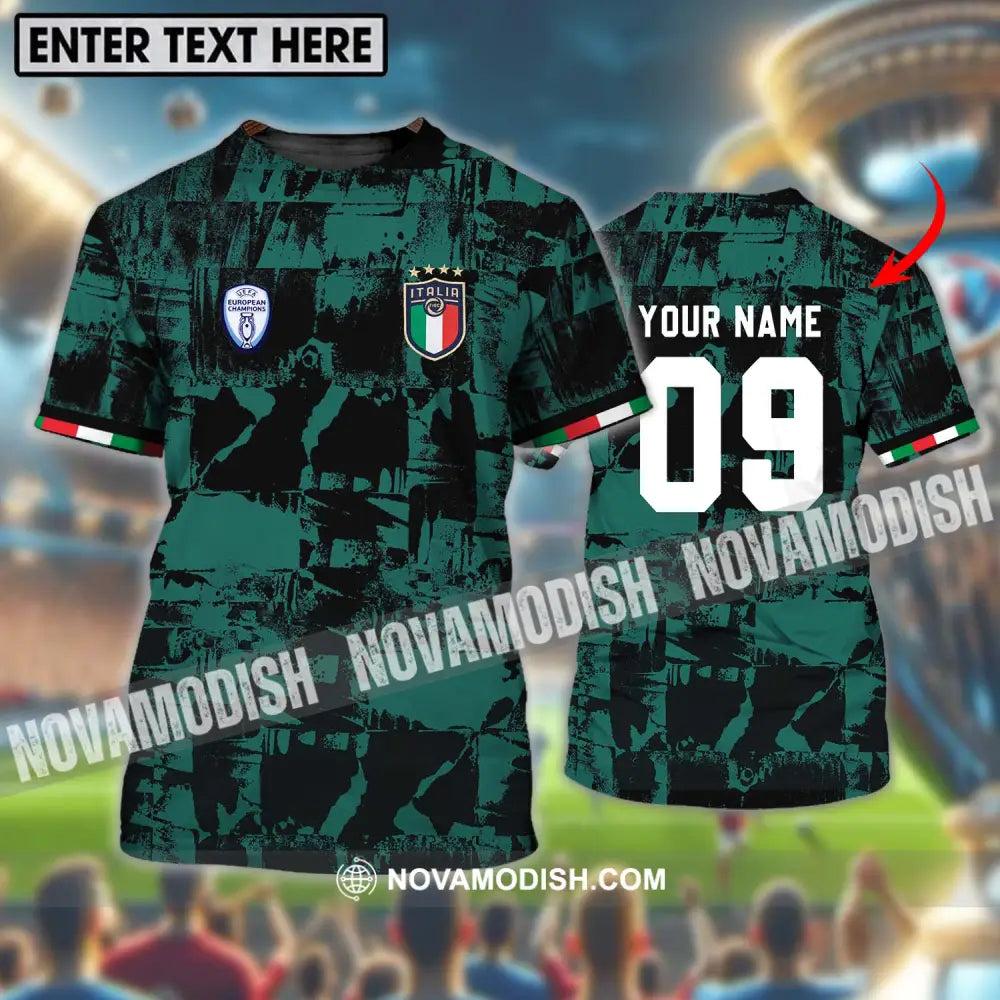 Unisex Shirt - Custom Name And Number Shirt Euro 2024 Italy National Team Black And Green T-shirt
