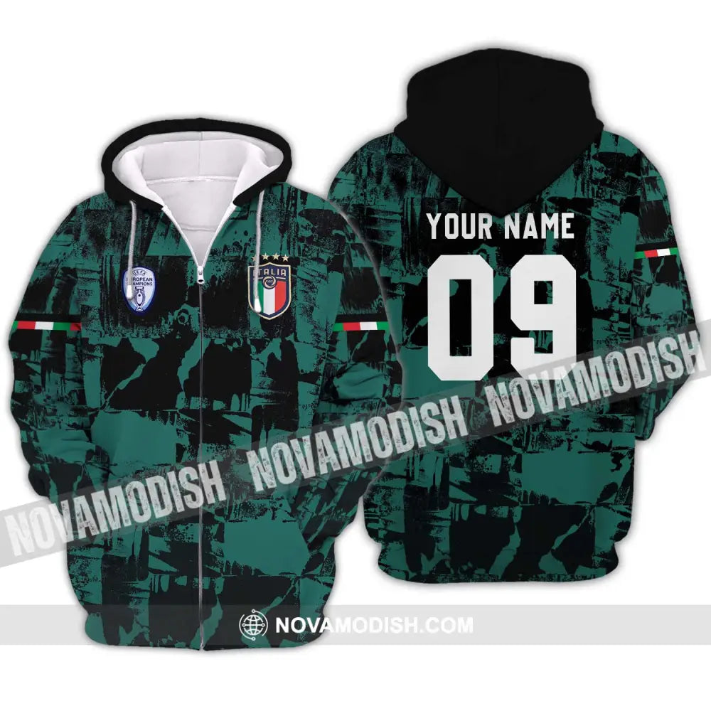 Unisex Shirt - Custom Name And Number Shirt Euro 2024 Italy National Team Black And Green Zipper Hoodie / S T-shirt