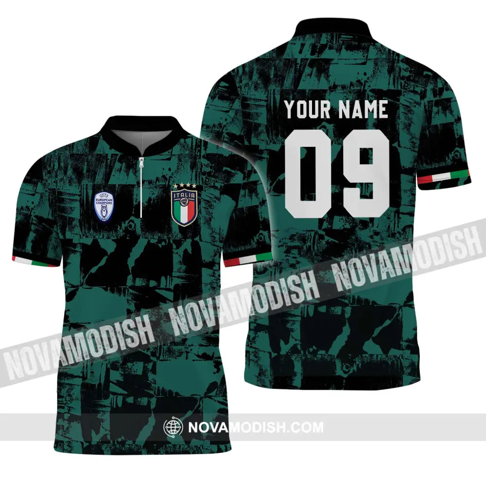 Unisex Shirt - Custom Name And Number Shirt Euro 2024 Italy National Team Black And Green Zipper Polo Shirt / S T-shirt
