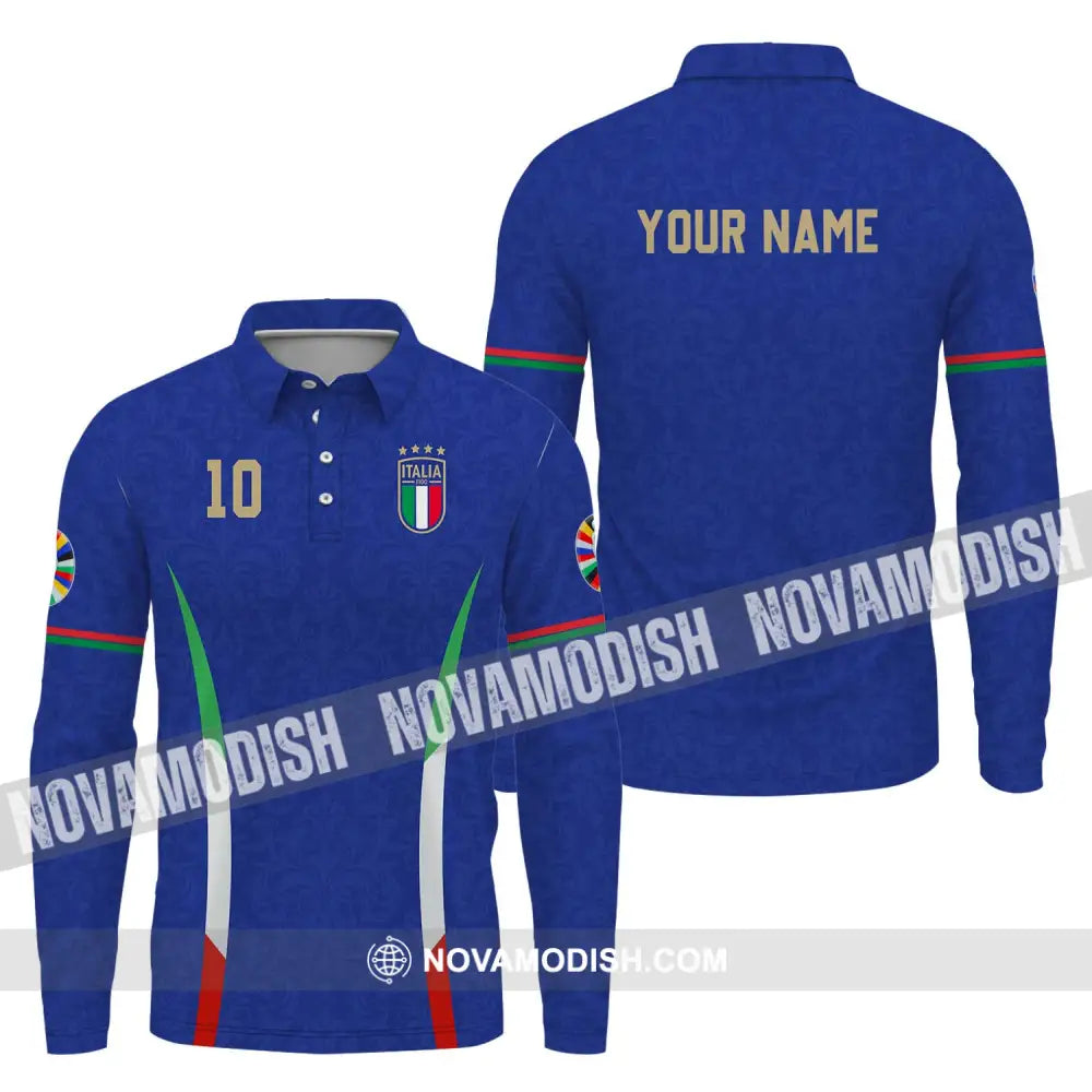 Unisex Shirt - Custom Name And Number Shirt Euro 2024 Italy National Team Blue Long Sleeve Polo / S T-shirt