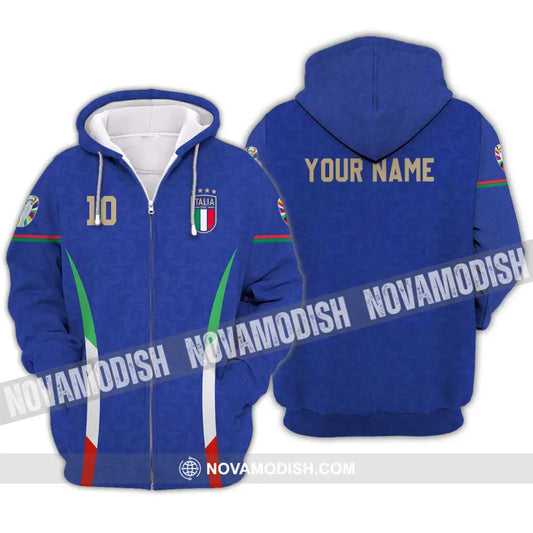 Unisex Shirt - Custom Name And Number Shirt Euro 2024 Italy National Team Blue Zipper Hoodie / S T-shirt