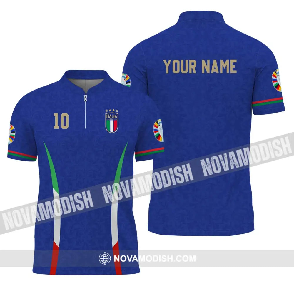 Unisex Shirt - Custom Name And Number Shirt Euro 2024 Italy National Team Blue Zipper Polo Shirt / S T-shirt