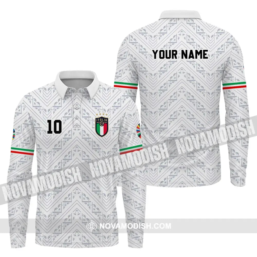 Unisex Shirt - Custom Name And Number Shirt Euro 2024 Italy White Line Shirt Long Sleeve Polo / S T-shirt