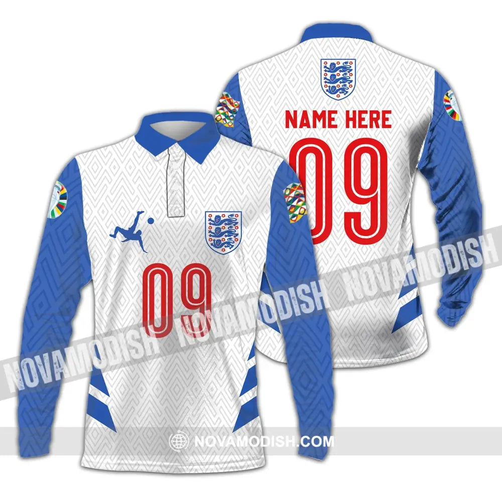 Unisex Shirt - Custom Name And Number Shirt Euro 2024 Logo England Team Long Sleeve Polo / S T-shirt