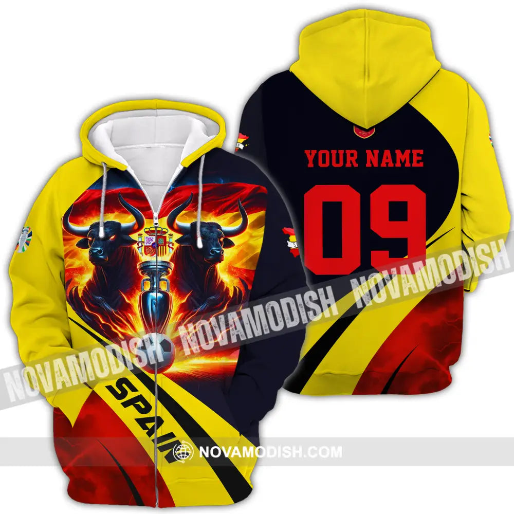 Unisex Shirt - Custom Name And Number Euro 2024 National Team Bull Of Spain Zipper Hoodie / S