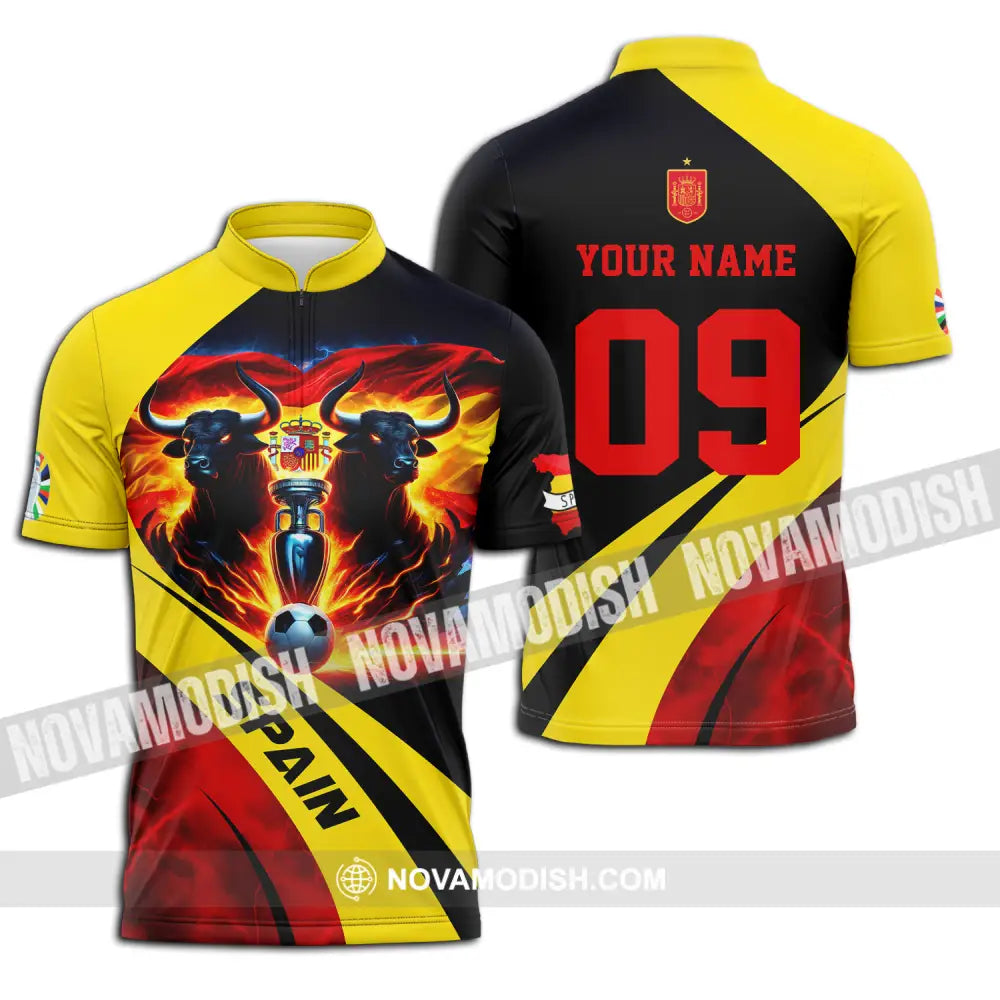 Unisex Shirt - Custom Name And Number Euro 2024 National Team Bull Of Spain Zipper Polo / S T-Shirt