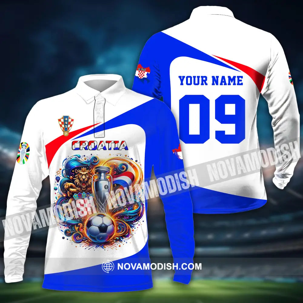 Unisex Shirt - Custom Name And Number Euro 2024 Shirt National Team Croatia Team Ball And Cup Long Sleeve Polo / S