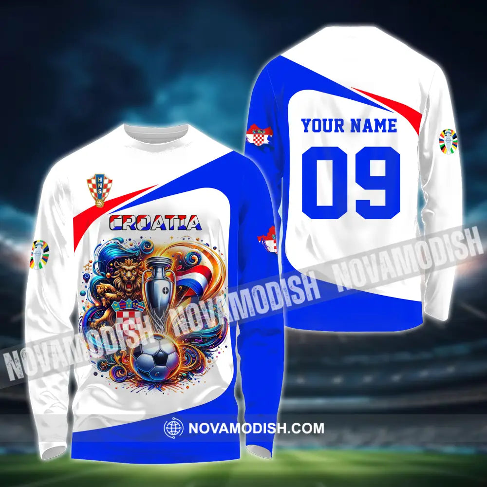 Unisex Shirt - Custom Name And Number Euro 2024 Shirt National Team Croatia Team Ball And Cup Long Sleeve Shirt / S
