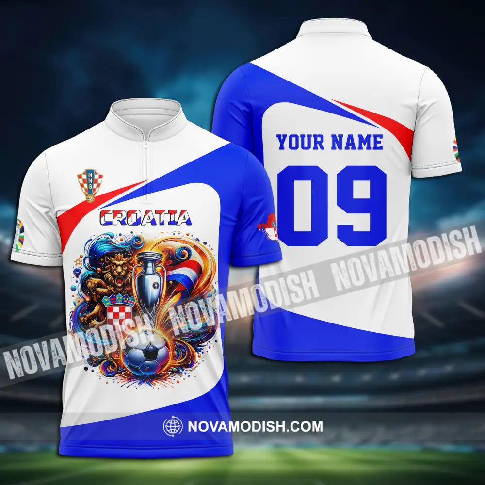 Unisex Shirt - Custom Name And Number Euro 2024 Shirt National Team Croatia Team Ball And Cup Zipper Polo Shirt / S