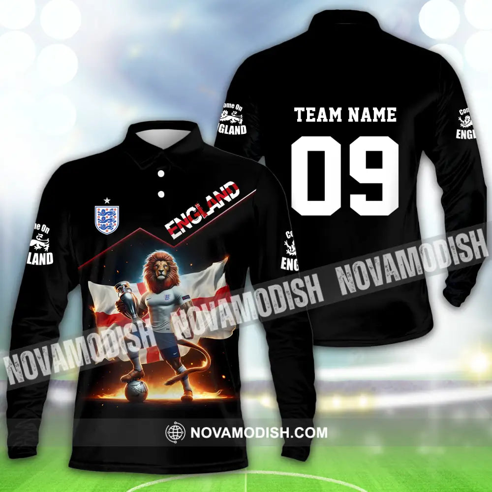 Unisex Shirt - Custom Name And Number Shirt Euro 2024 National Team England Lion Flag Long Sleeve Polo / S T-shirt