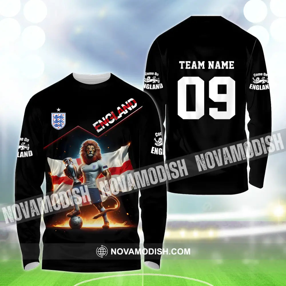 Unisex Shirt - Custom Name And Number Shirt Euro 2024 National Team England Lion Flag Long Sleeve Shirt / S T-shirt