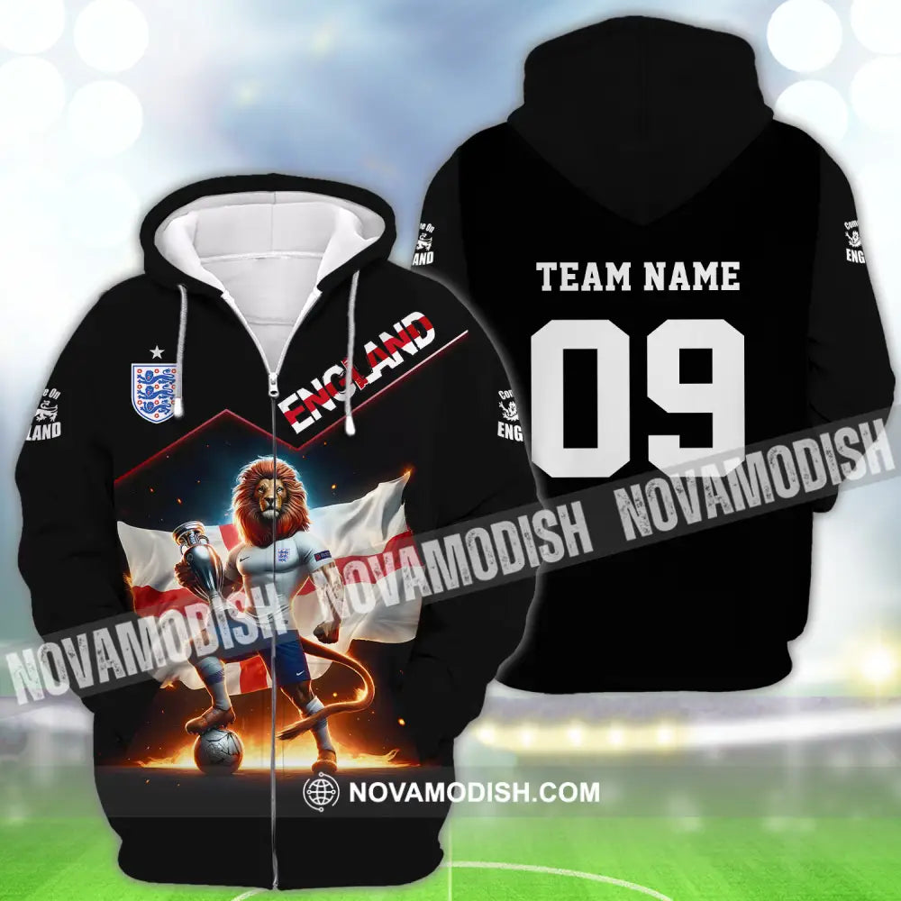 Unisex Shirt - Custom Name And Number Shirt Euro 2024 National Team England Lion Flag Zipper Hoodie / S T-shirt