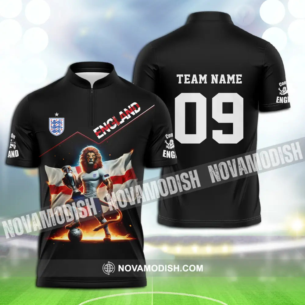 Unisex Shirt - Custom Name And Number Shirt Euro 2024 National Team England Lion Flag Zipper Polo Shirt / S T-shirt