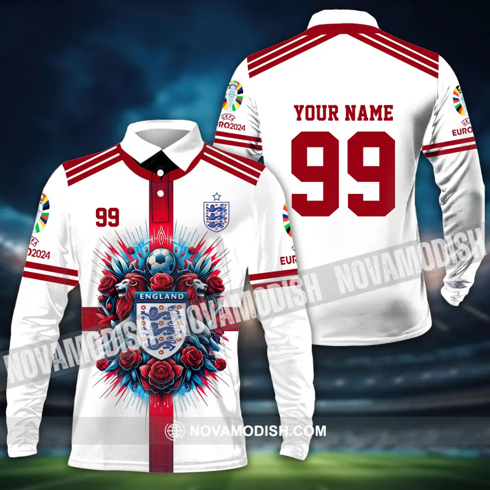Unisex Shirt - Custom Name And Number Shirt Euro 2024 National Team England Team White Red Long Sleeve Polo / S T-shirt