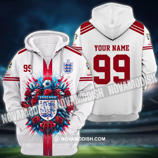 Unisex Shirt - Custom Name And Number Shirt Euro 2024 National Team England Team White Red Zipper Hoodie / S T-shirt