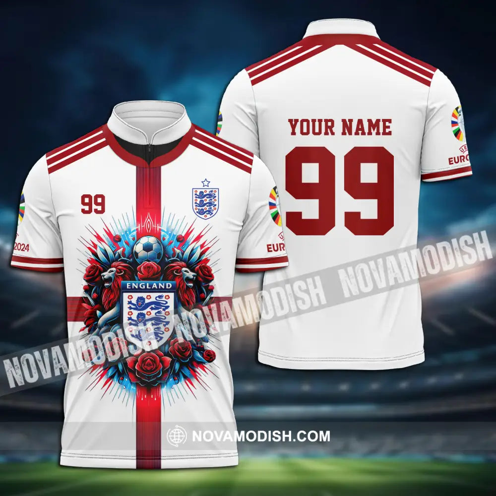 Unisex Shirt - Custom Name And Number Shirt Euro 2024 National Team England Team White Red Zipper Polo Shirt / S T-shirt