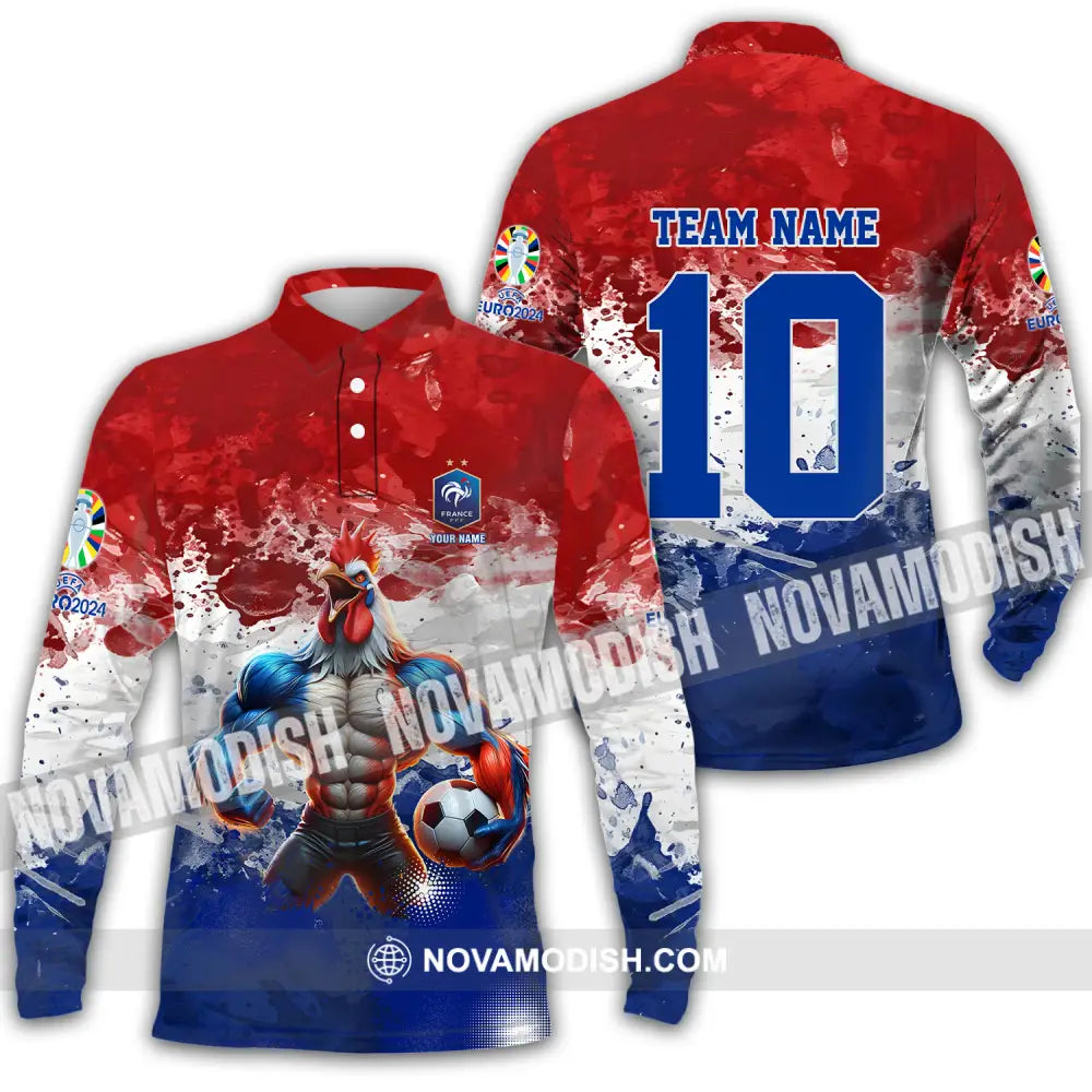 Unisex Shirt - Custom Name And Number Shirt Euro 2024 National Team France Team Muscular Chicken Long Sleeve Polo / S