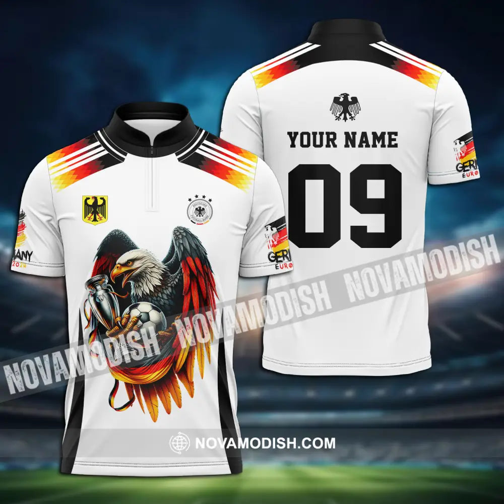 Unisex Shirt - Custom Name And Number Euro 2024 Shirt National Team Germany Eagle Hugs The Ball Zipper Polo Shirt / S