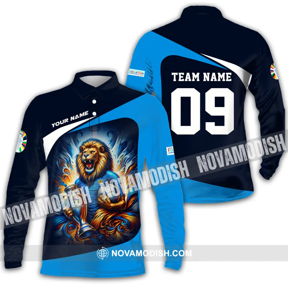 Unisex Shirt - Custom Name And Number Euro 2024 Shirt National Team Lion Holding Cup And Ball Scotland Long Sleeve Polo