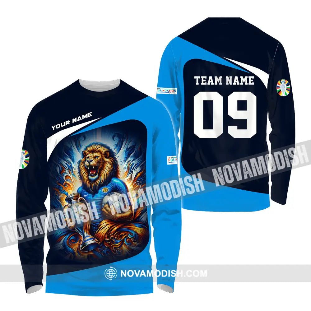 Unisex Shirt - Custom Name And Number Euro 2024 Shirt National Team Lion Holding Cup And Ball Scotland Long Sleeve