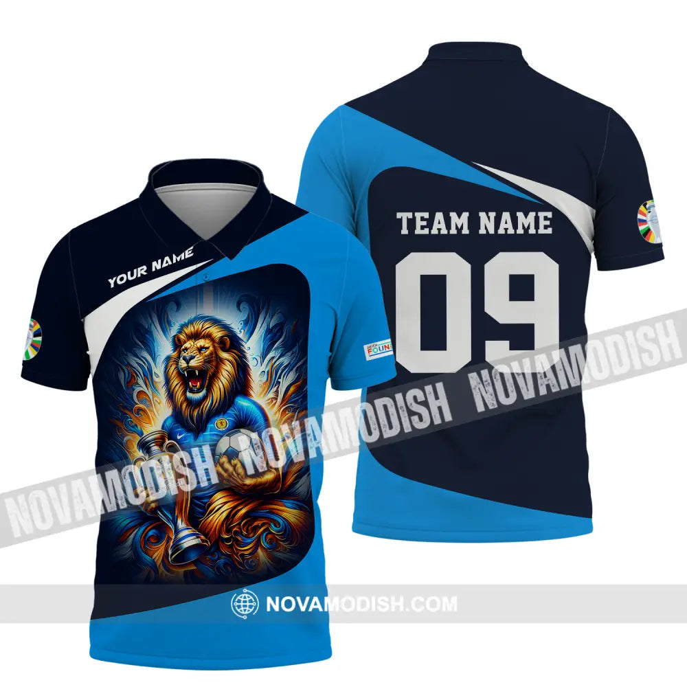 Unisex Shirt - Custom Name And Number Euro 2024 Shirt National Team Lion Holding Cup And Ball Scotland Polo Shirt / S