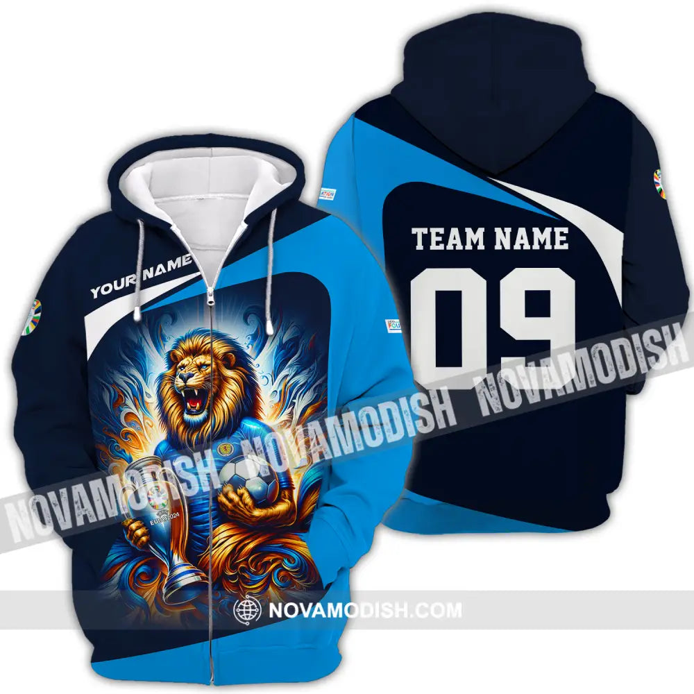 Unisex Shirt - Custom Name And Number Euro 2024 Shirt National Team Lion Holding Cup And Ball Scotland Zipper Hoodie