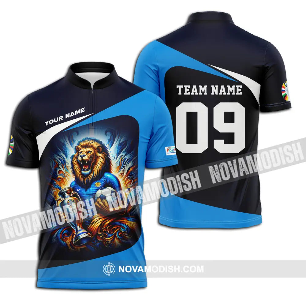 Unisex Shirt - Custom Name And Number Euro 2024 Shirt National Team Lion Holding Cup And Ball Scotland Zipper Polo