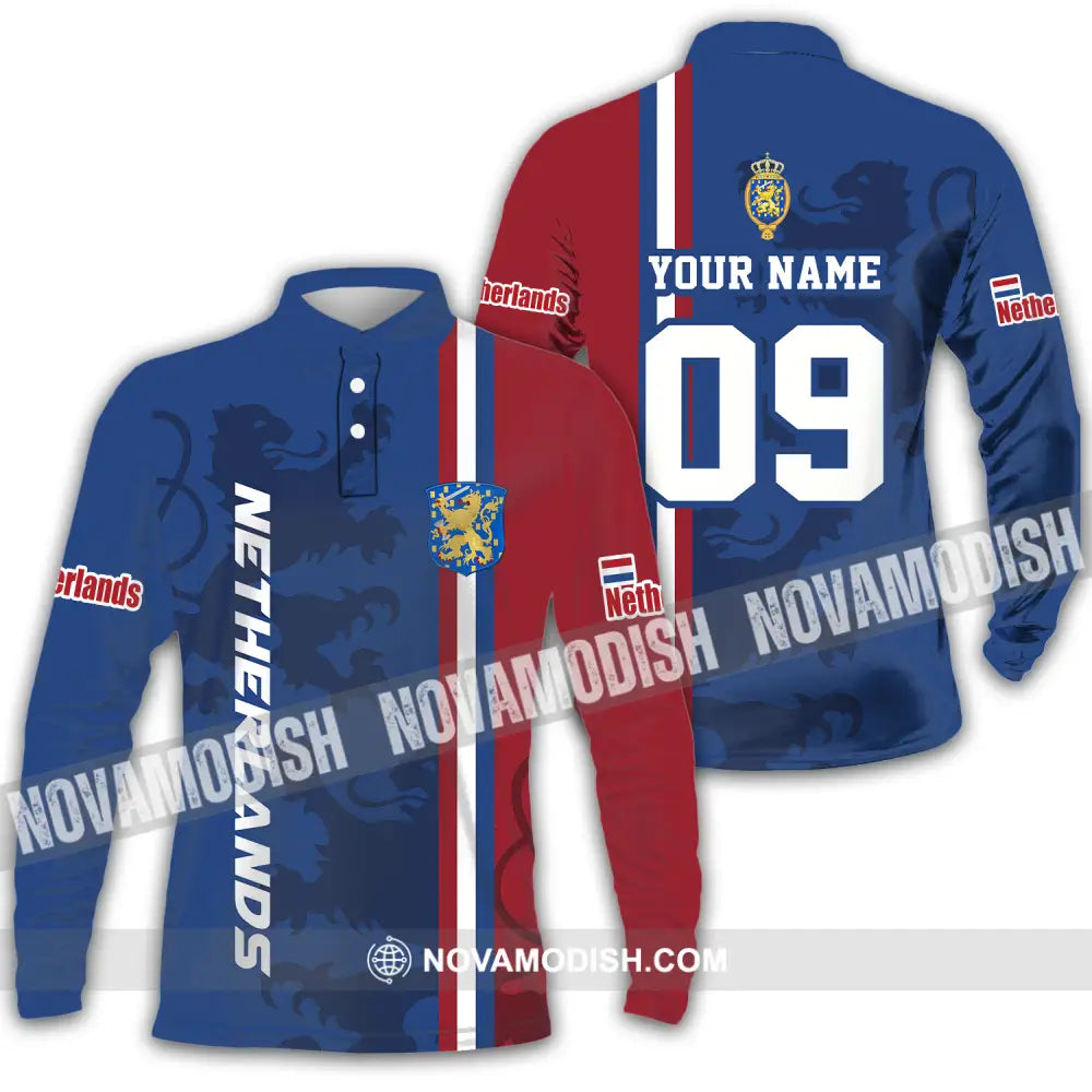 Unisex Shirt - Custom Name And Number Euro 2024 Shirt National Team Netherlands Flag Color Long Sleeve Polo / S T-shirt