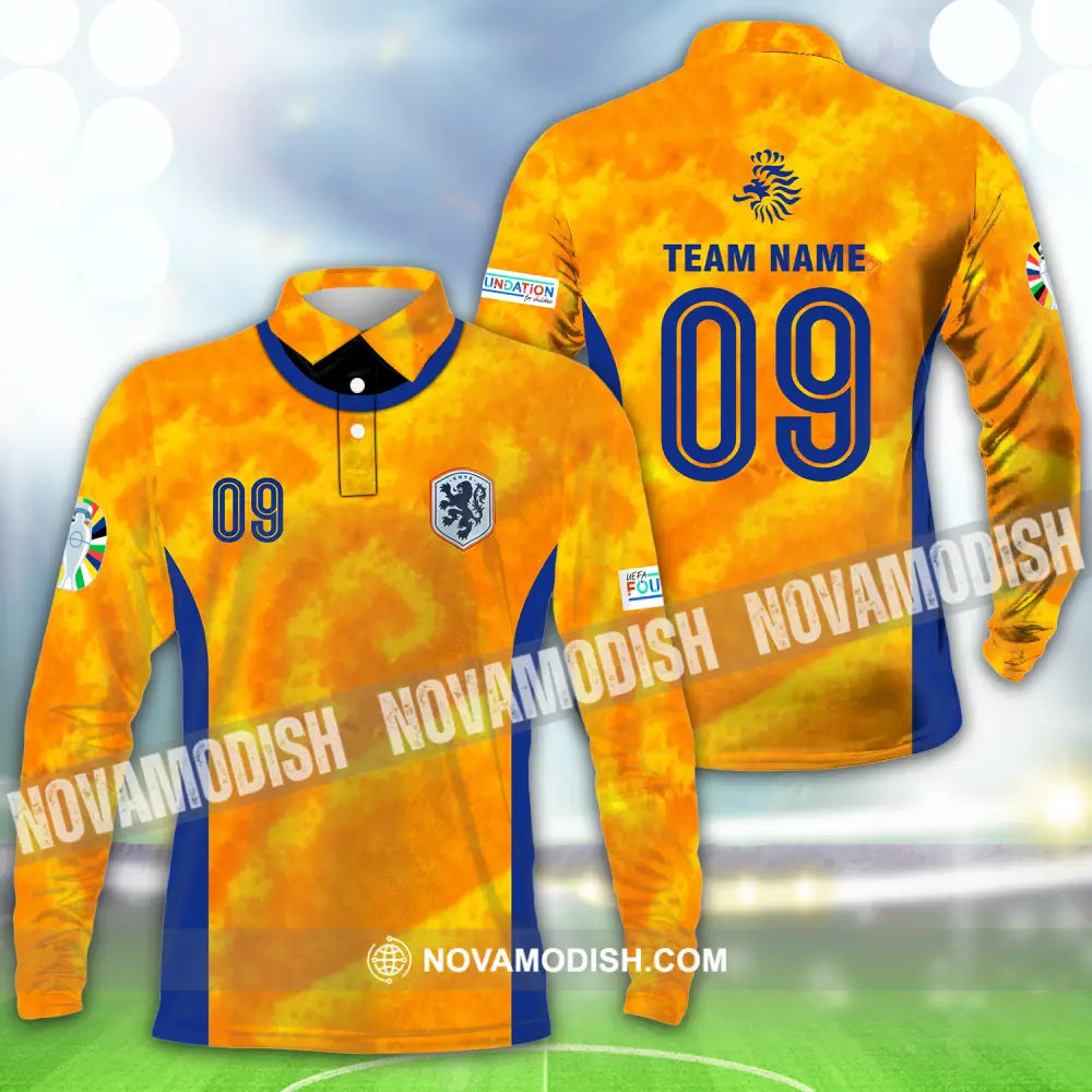 Unisex Shirt - Custom Name And Number Shirt Euro 2024 National Team Netherlands KNVB Long Sleeve Polo / S T-shirt