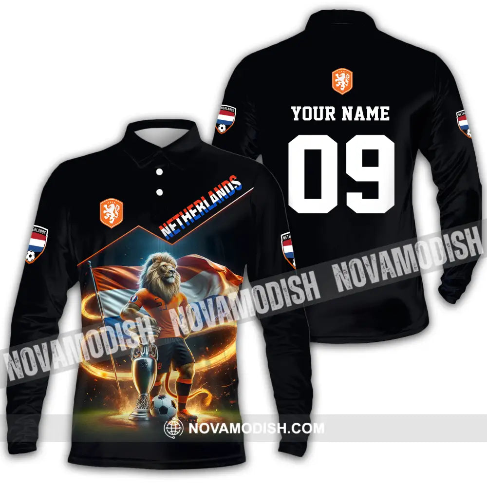 Unisex Shirt - Custom Name And Number Shirt Euro 2024 National Team Netherlands Lion Long Sleeve Polo / S T-shirt
