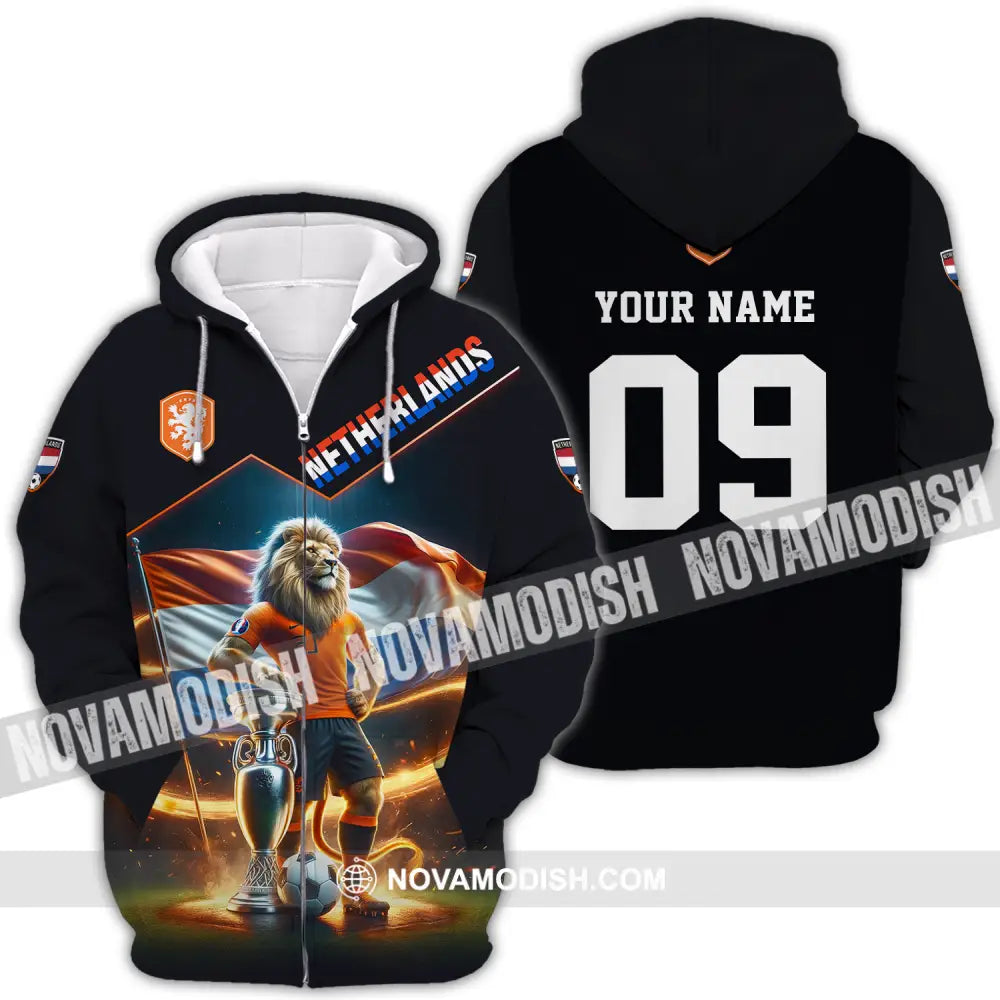 Unisex Shirt - Custom Name And Number Shirt Euro 2024 National Team Netherlands Lion Zipper Hoodie / S T-shirt