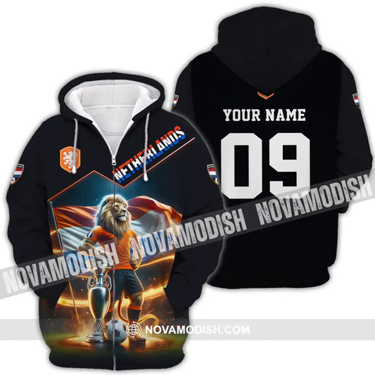 Unisex Shirt - Custom Name And Number Shirt Euro 2024 National Team Netherlands Lion Zipper Hoodie / S T-shirt