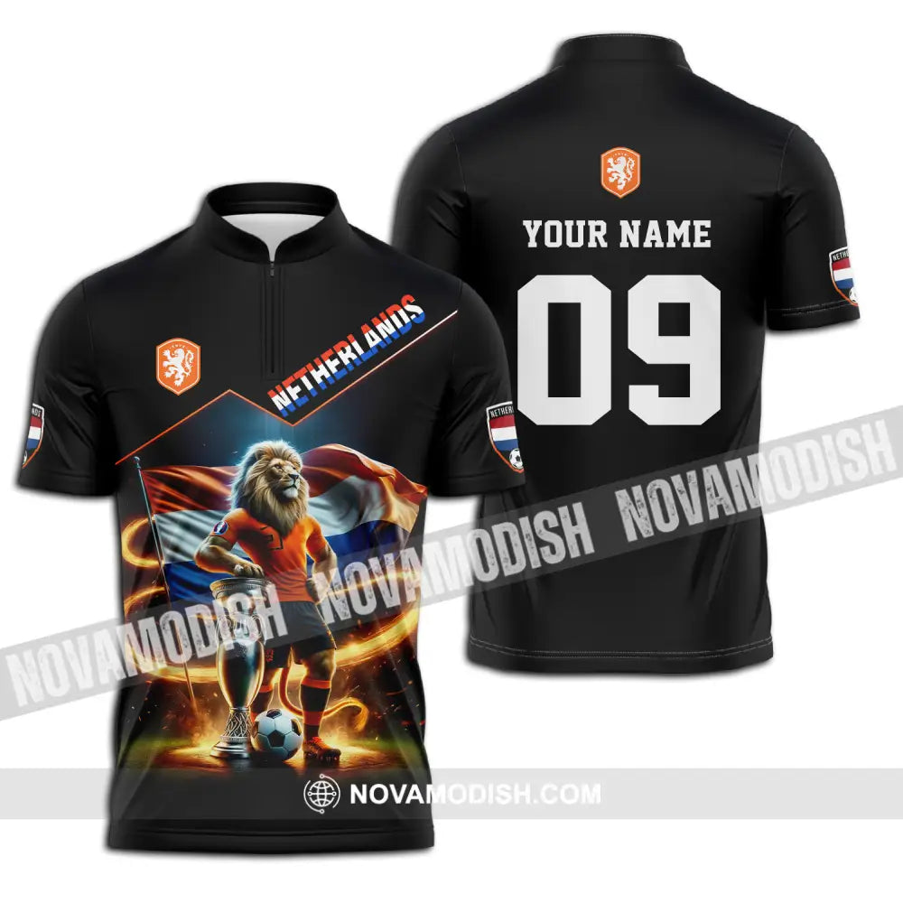 Unisex Shirt - Custom Name And Number Shirt Euro 2024 National Team Netherlands Lion Zipper Polo Shirt / S T-shirt