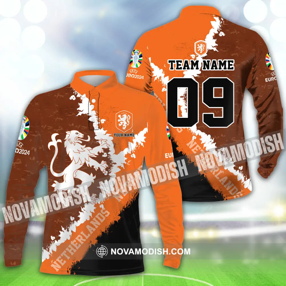 Unisex Shirt - Custom Name And Number Shirt Euro 2024 National Team Netherlands Long Sleeve Polo / S T-shirt