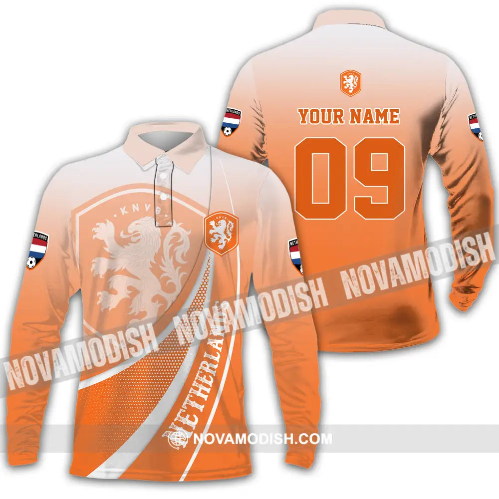 Unisex Shirt - Custom Name And Number Shirt Euro 2024 National Team Netherlands Orange Shirt Long Sleeve Polo / S