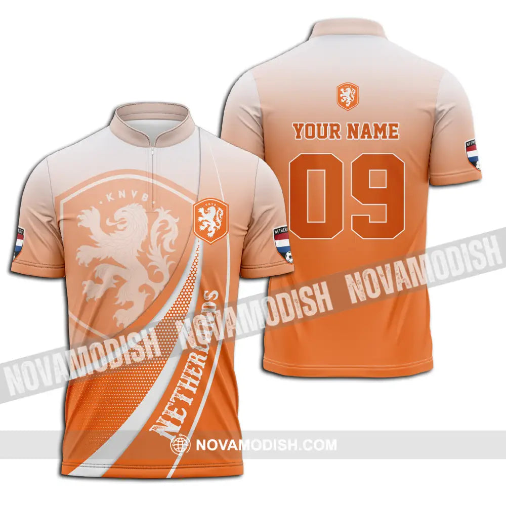 Unisex Shirt - Custom Name And Number Shirt Euro 2024 National Team Netherlands Orange Shirt Zipper Polo Shirt / S